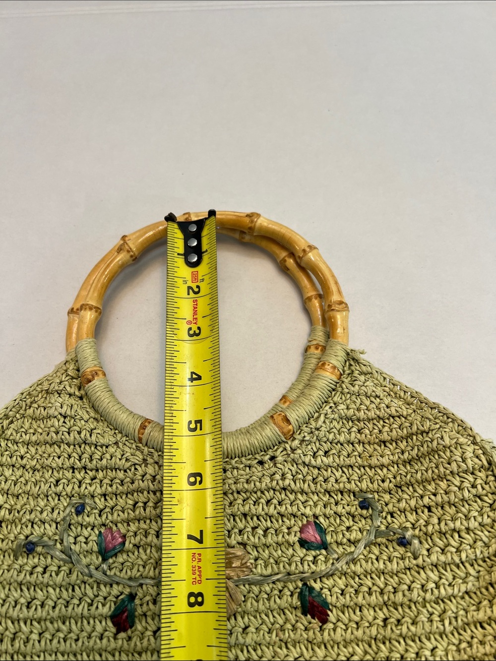 SCALA GAL Y2K GREEN WOVEN TWINE WITH FLOWERS WITH BAMBOO HANDLES BAG PURSE - Picture 9 of 12